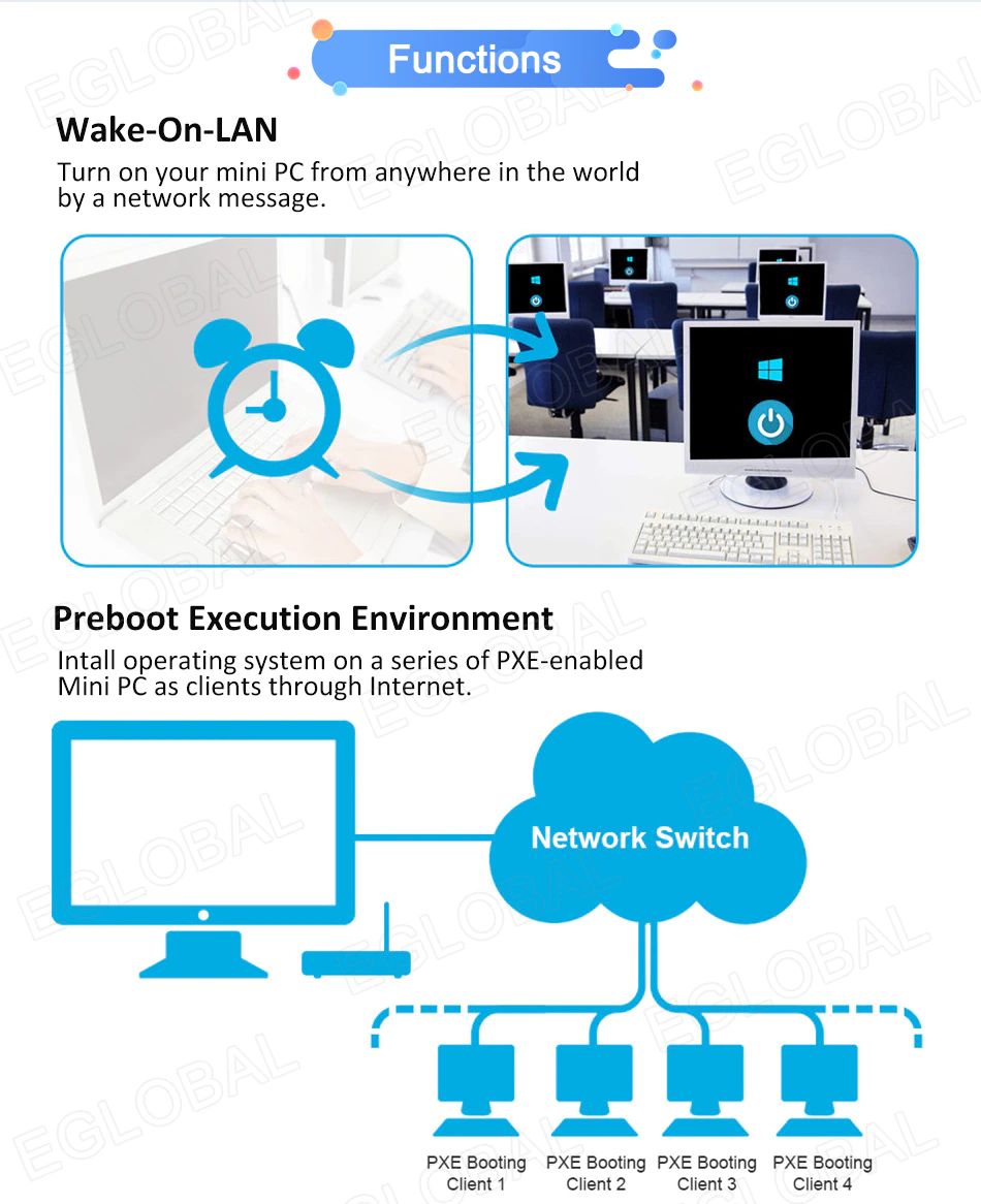 Wake-On-LAN Turn on your mini PC from anywhere in the world by a network message. Preboot Execution Environment Intall operating system on a series of PXE-enabled Mini PC as clients through Internet. PXE Booting PXE Booting PXE Booting PXE Booting Client 1 Client 2 Client 3 Client 4