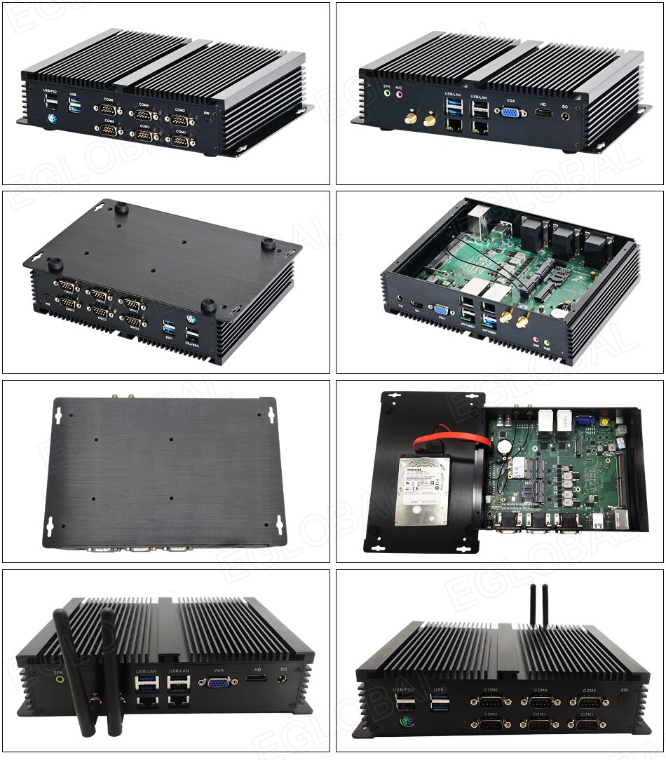 Зображення потужного промислового безвентиляторного міні-ПК / HTPC / надійного комп’ютера з ЦП Intel Core i7-8550U, 1 слотом DDR4, 6 портами COM RS232, 8 портами USB, VGA, HDMI, слотом 4G SIM, подвійним Wi-Fi для настільних ПК з Windows 10 Pro або Linux