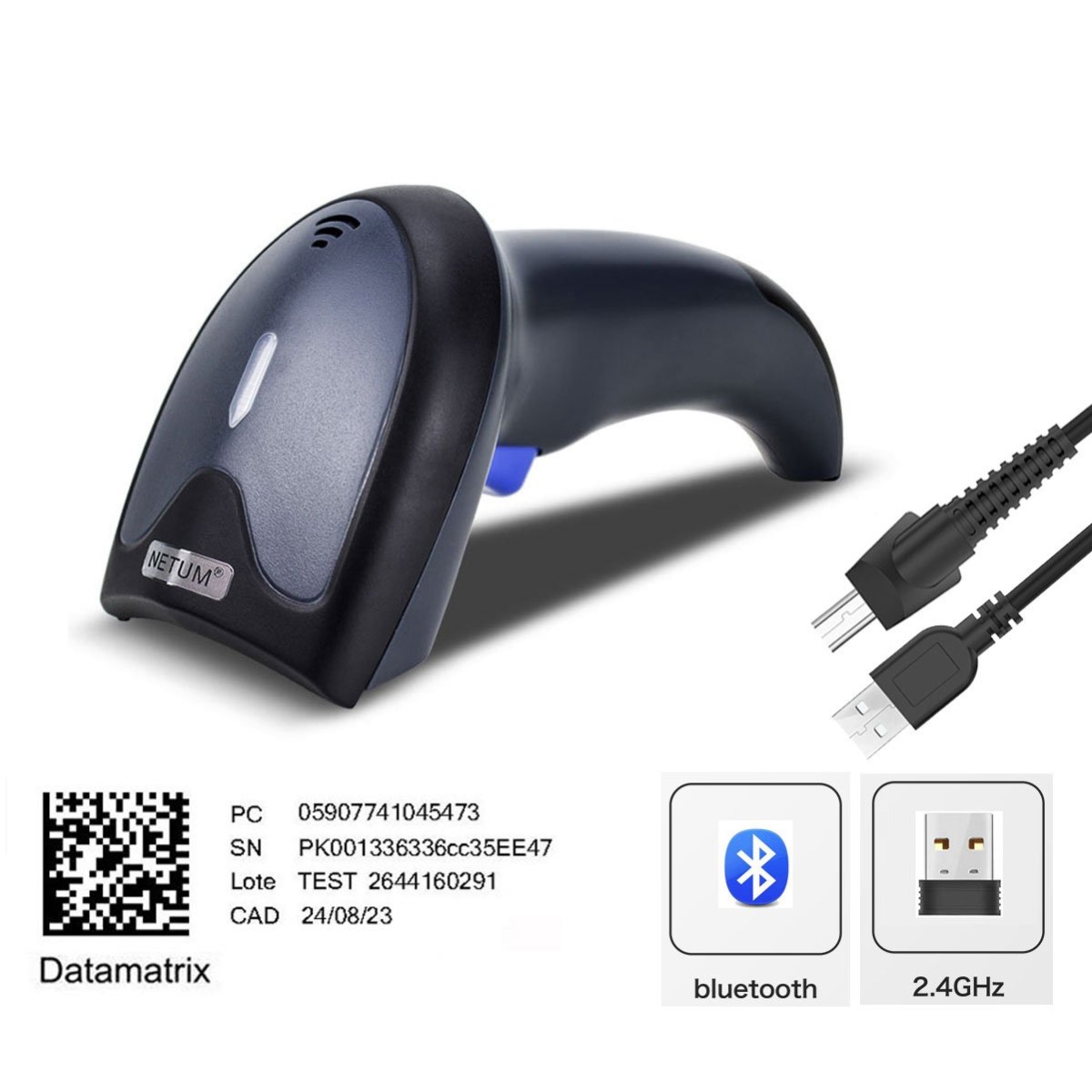 Datamatrix, PC: 05907741045473, SN: PK001336336cc35EE47, Lote: TEST 2644160291, CAD: 24/08/23, Bluetooth, Wireless 2,4GHz