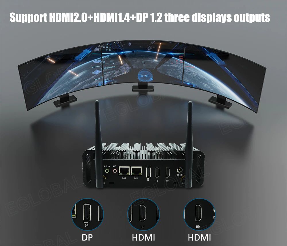 support HDMI2.0+HDMI1.4+DP 1.2 three displays outputs DP + HDMI + HDMI