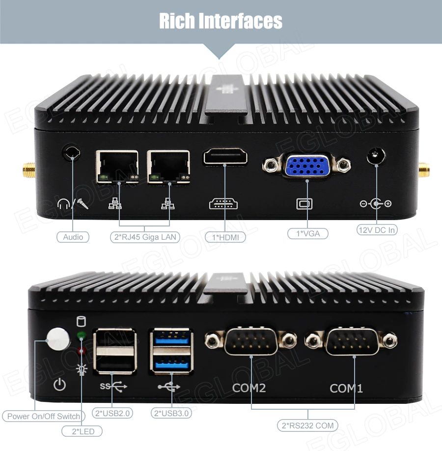 Rich Interfaces: 2 x USB2.0, 2*USB3., 1 x VGA, 1 x HDMI, 2 x RJ45 Giga LAN, 1 x Audio (MIC & SPK), 2 x RS232 COM