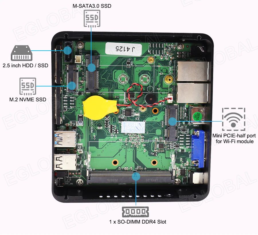 M-SATA 3.0 SSD, 1 x SO-DIMM DDR4 Slot, Mini PCIE-half port for Wi-Fi module, 2.5 inch HDD / SSD, M.2 NVME SSD