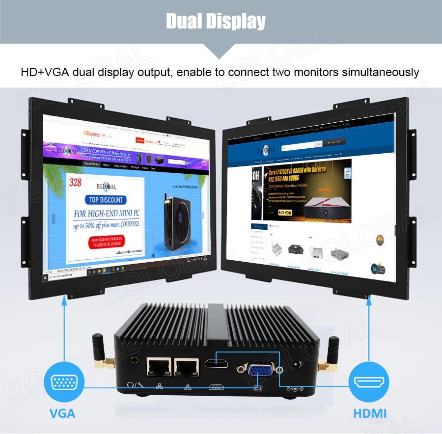 Dual Display - HDMI+VGA dual display output, enable to connect two monitors simultaneously