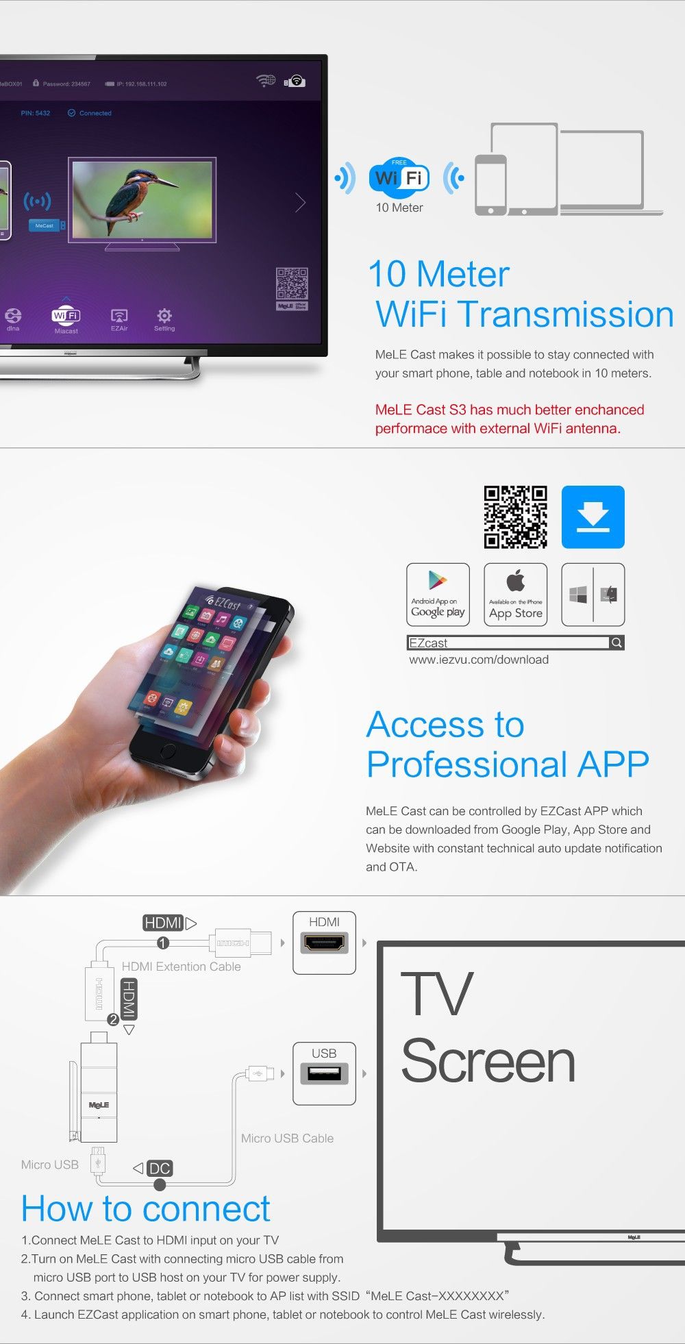 10 Meter WiFi Transmission  MeLE Cast makes it possible to stay connected with your smart phone, table and notebook in 10 meters.  MeLE Cast S3 has much better enchanced performace with external WiFi antenna. Access to Professional APP  MeLE Cast can be controlled by EZCast APP which can be downloaded from Google Play, App Store and Website with constant technical auto update notification and OTA.